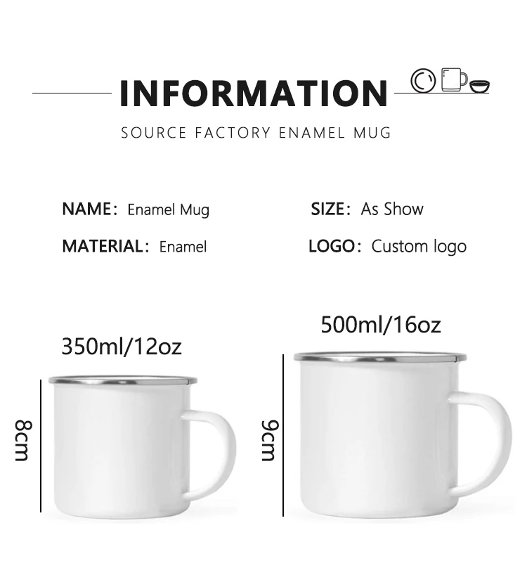 Factory Wholesale 12oz blank roll rim steel rim White Coated Sublimation enameled cup camping mugs enamel coffee mug