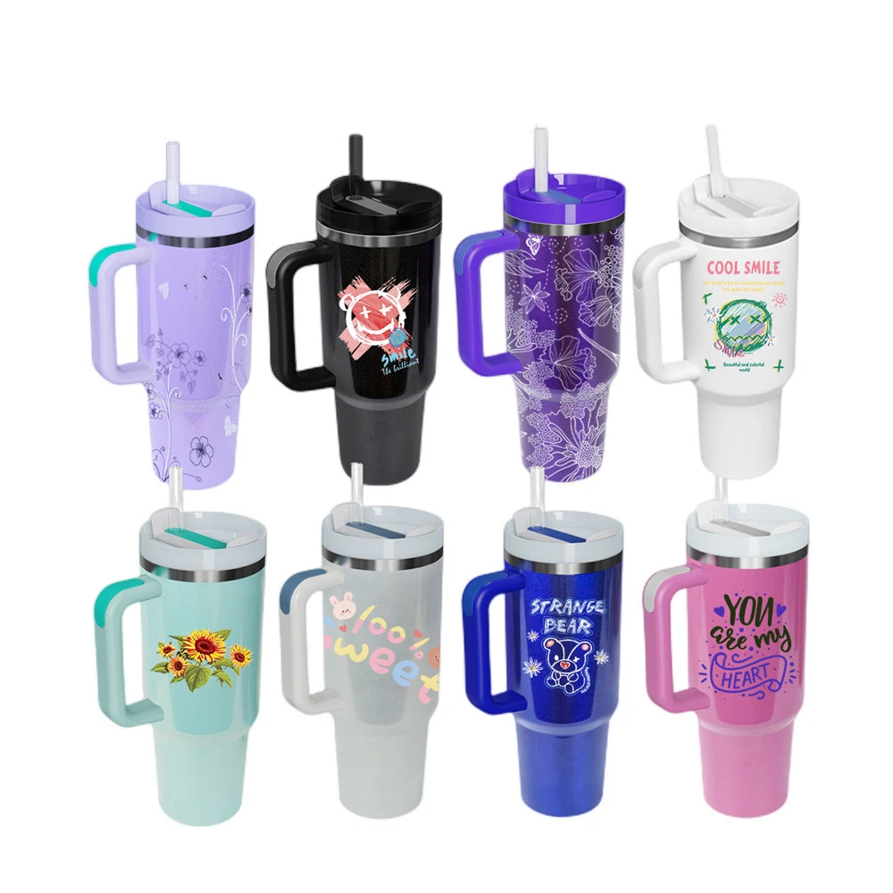 DD1376  Dazzling Vacuum Insulated Thermos Tumbler Sublimation Drinks With Straw 40 oz Stainless Steel Travel Car Mug with Handle