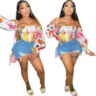 Fashion Top Factory Wholesale Fashion Floral Print Women'S Sexy Lantern Sleeve Off-Shoulder Top