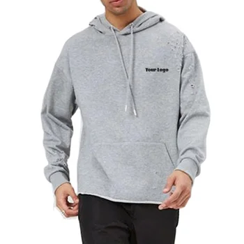 Hot sale Men Distressed Grey Hoodie 100% Cotton French Terry Pullover Kangaroo Pocket Raw Edge Hem Plain hoodie for men