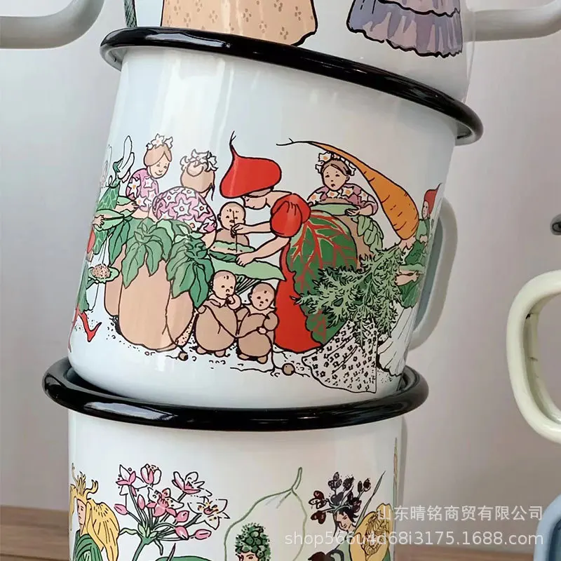 OEM 450ml 12oz 15oz cartoon design white blank enamel thermal sublimation camping coffee camp cup mug with handle