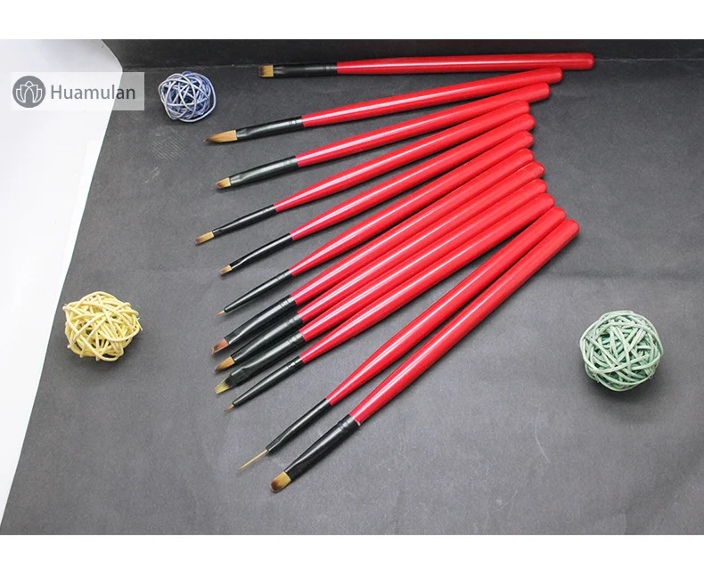 Factory Wholesale 12 Pcs Red Wooden Pole Manicure Tools Set Nylon Hair