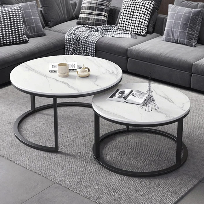 2021 mesa de centro Modern industrial industrial nesting metal leg with storage round grey marble top coffee shop tables