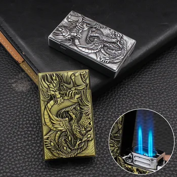 FJ072-2   Dragon Relief Craft Double Fire Jet Flame Lighter Metal Windproof Igniter Wholesale