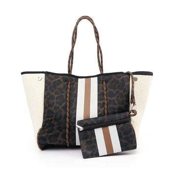 Wholesale Hot Selling Stripe Design Neoprene Luxury Fashion Customized Beach Handbag Waterproof Neoprene Beach Tote Bag