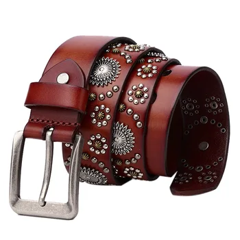 Most popular 3.8cm 1.5" width pin buckle strong italian genuine cow skin leather western multi studs rivets punk belts