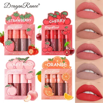 Velvet matte lip glaze, set does not fade and does not stick to the cup, fruit makeup, lip gloss, four mini sets.