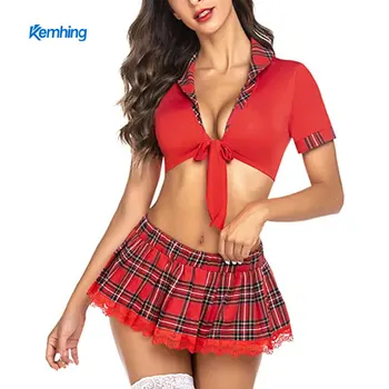 Lace Top Plaid Skirt Sexy Cosplay School Girl Student Stage Sexy Costumes Uniforms With Necktie Erotic Lingerie