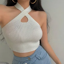 New Fashion Women Halter Knit Tops Female Knitted Off Shoulder Crop Tops Cross Strappy Custom Sexy Tank Tops