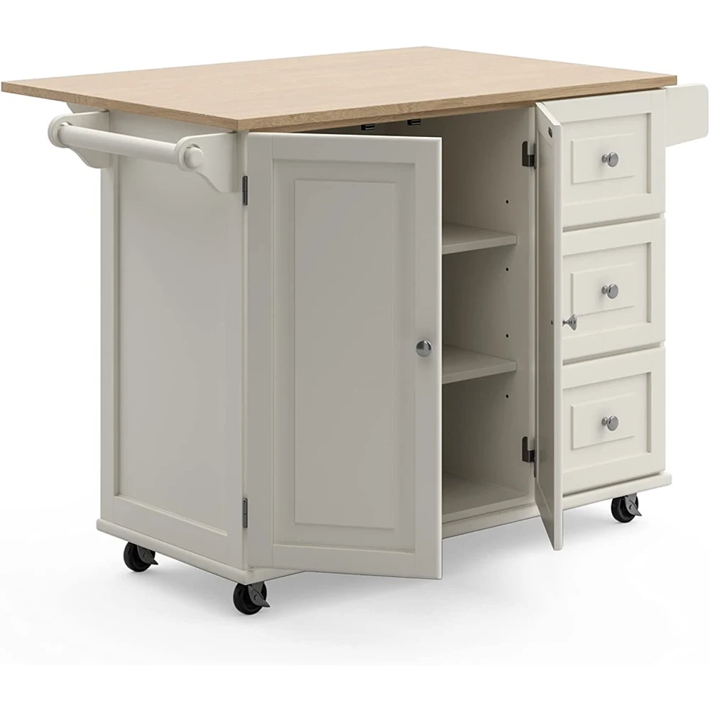 White Mobile Kitchen Trolley with Wheels Kitchen Island Cart with Wood Drop Leaf Breakfast Bar details