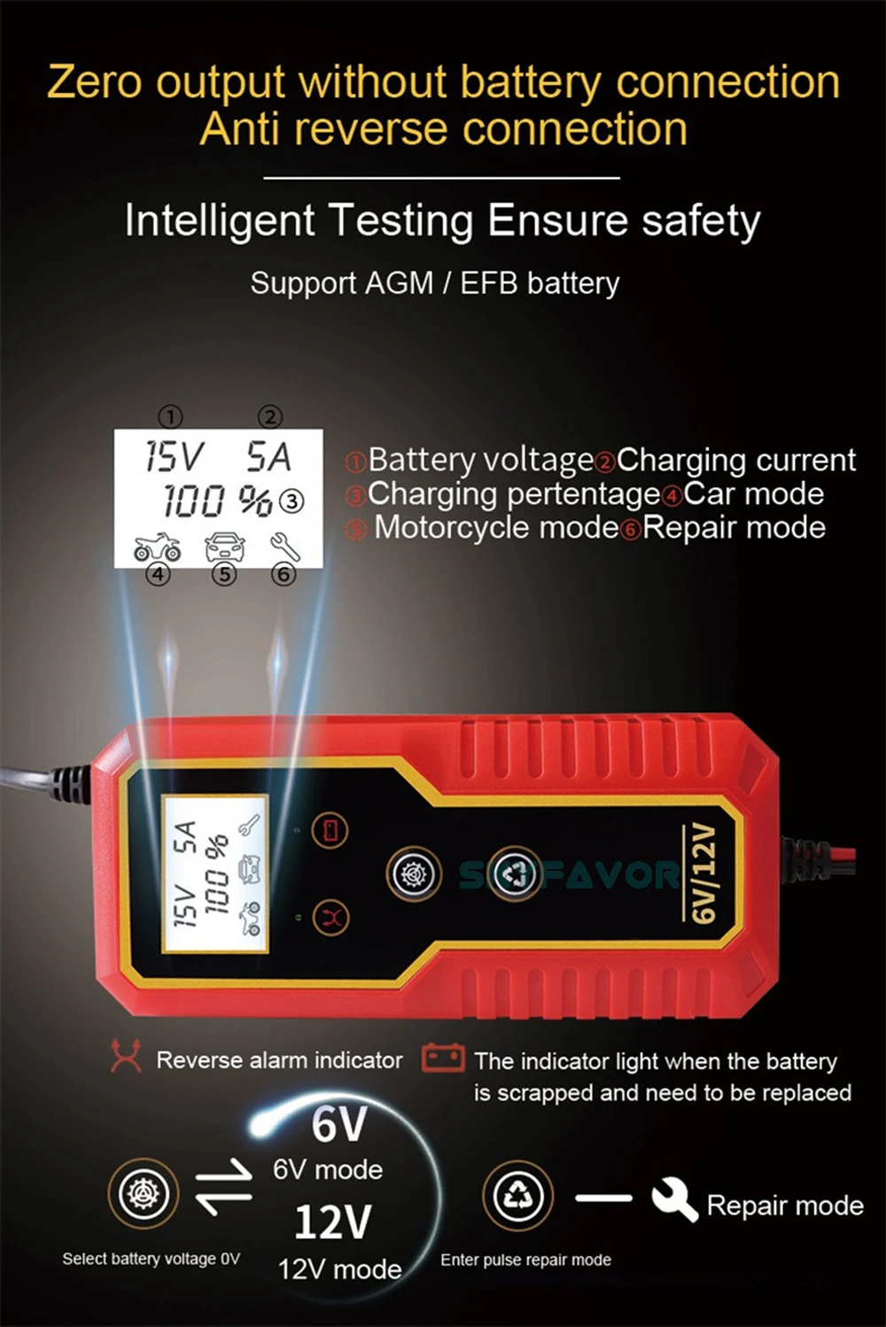 Factory motorcycle car battery charger 6V 12V 8A Universal Automatic pulse Repair lead acid battery charger with lcd display