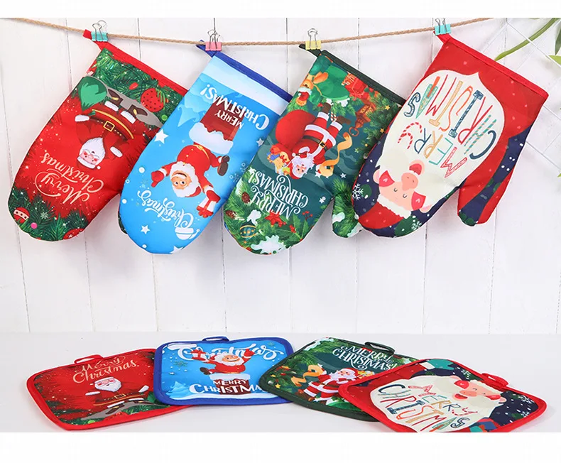 Christmas Kitchen Baking Insulation Gloves Oven Mitts Microwave Gloves Mat Set
