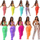 Wholesale Summer Halter Tie Dye Mesh Swimsuits Cover Up 2 Pcs Sexy Ruffles Pant Bathing Suits For Women