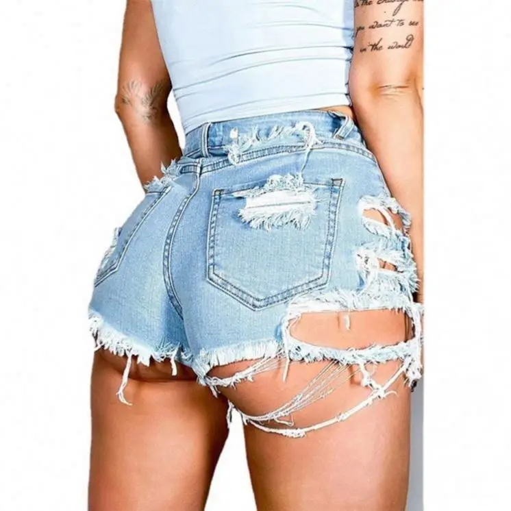 Wholesale Girls Shorts Para Mujer Zipped Button Roupa Ripped Denim Short Plain Dyed Feminino Jeans Blue Jean Women's Shorts
