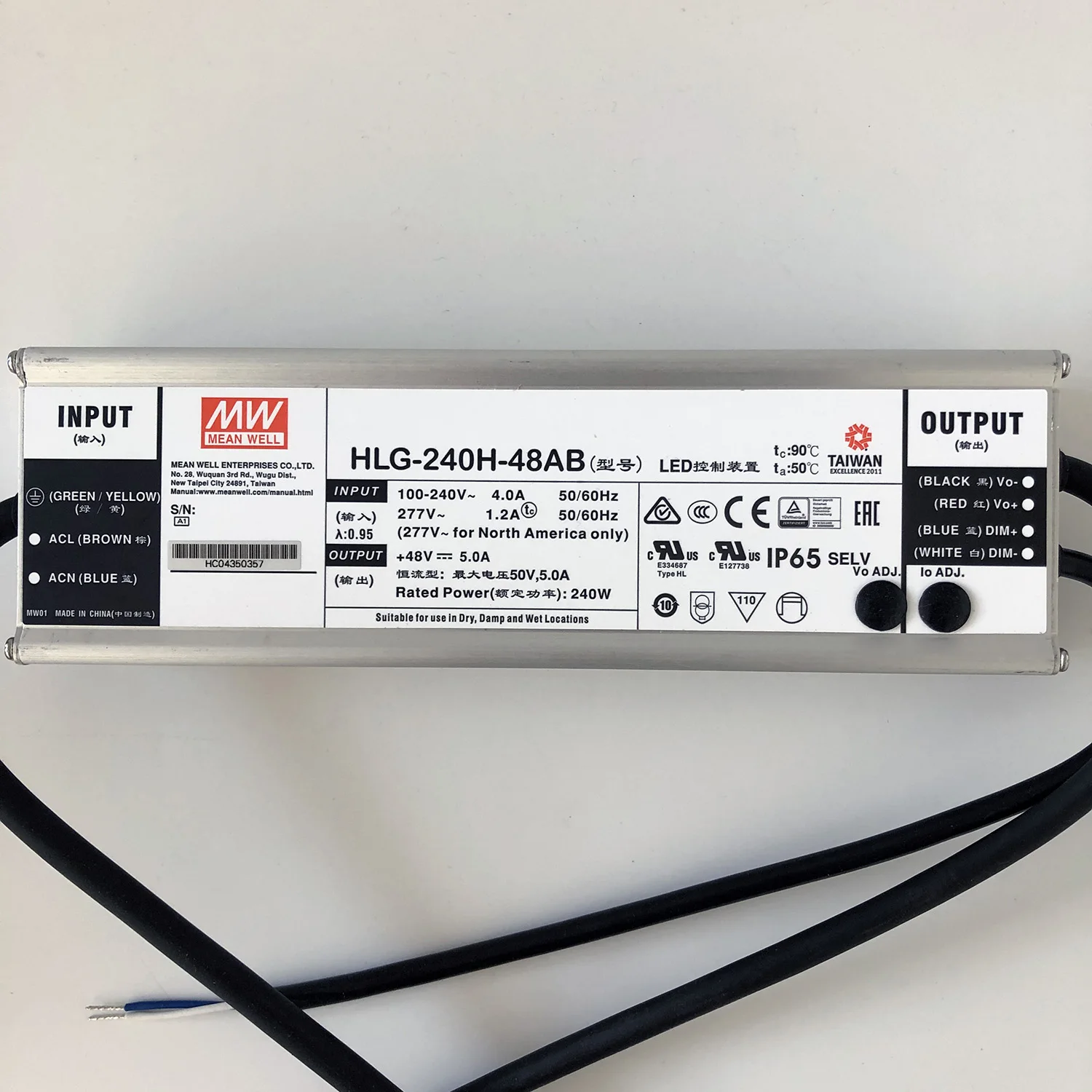 HLG-240H-48AB 240W Meanwell  AC-DC Single output LED Driver Mix Mode (CV+CC) with PFC; Output 48Vdc at 5A