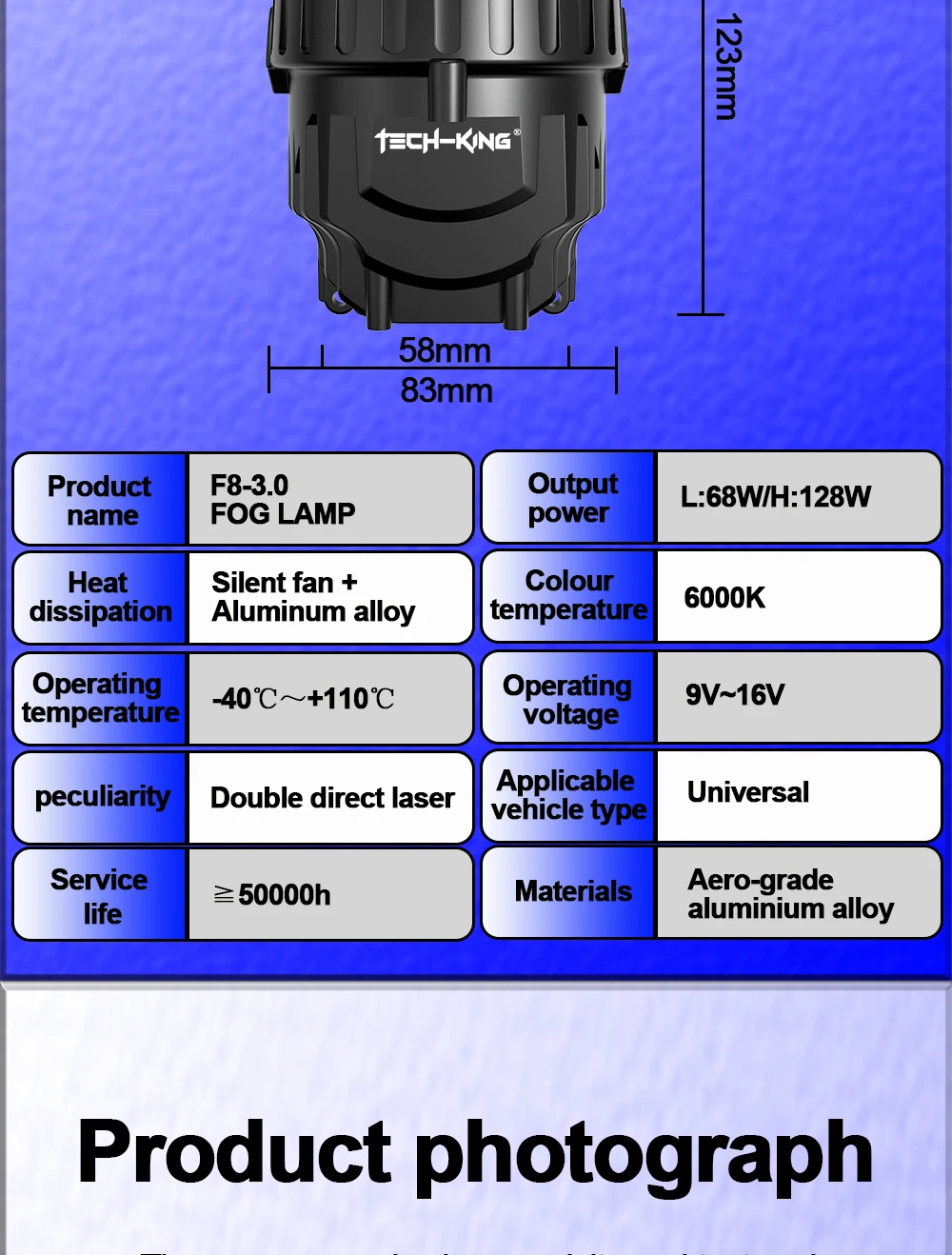 TECH-KING F8 12V 6000K Super Bright Laser 130W Universal Bi Led Projector Lens 3.0 Inch Fog Light Lens for Car Modification