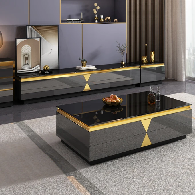 High quality luxury coffee table modern living room furniture style marble glass top stainless steel coffee table