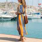 Formal Plus Size Women Dress Formal Turn Down Collar Stripe Shirt Dress Long Boho Beach Dress Casual Elegant