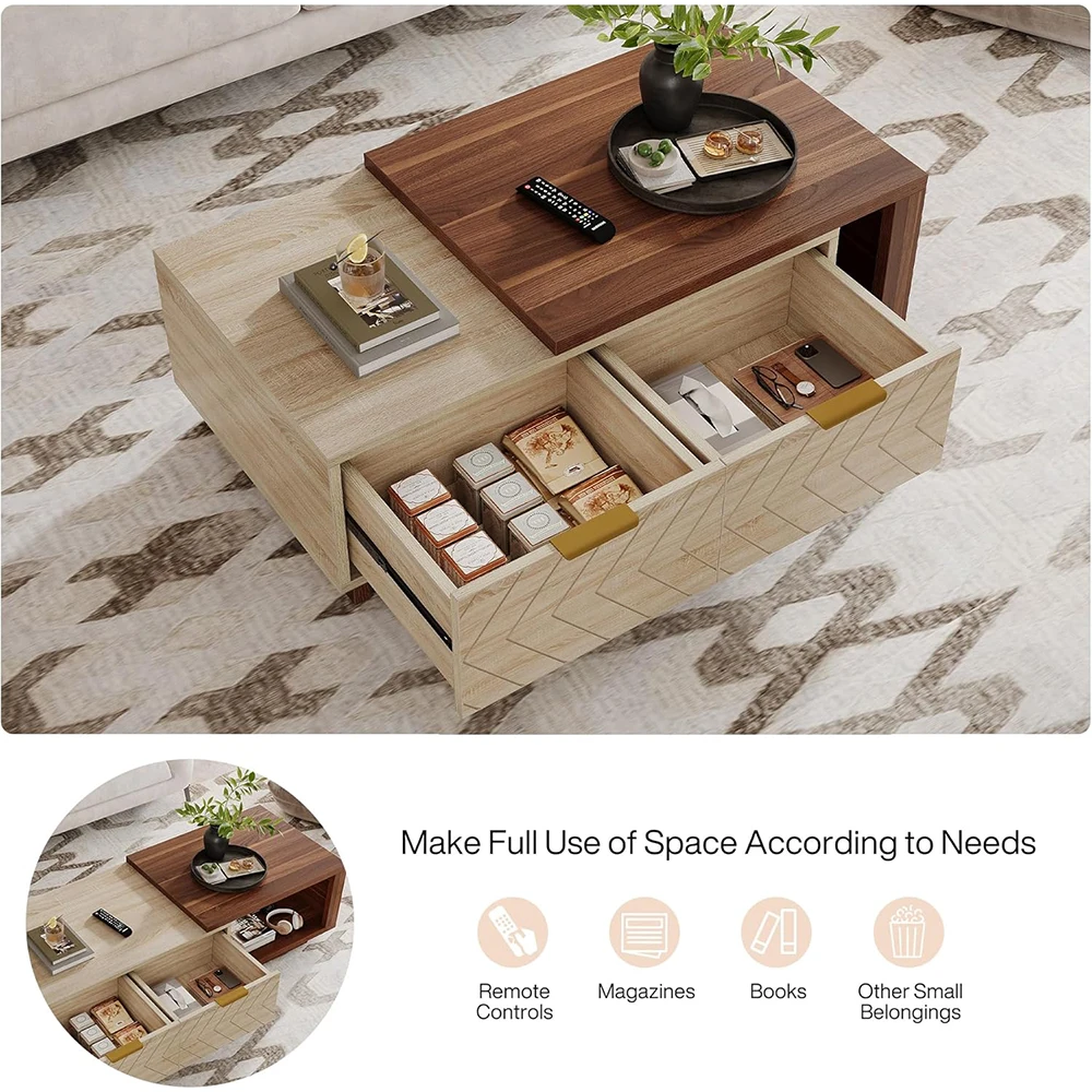 Adjustable Length Reversible Wood 42"-65" Extendable Coffee Table 2 Storage Drawers Dual-Tone Large Long Rectangular Table details