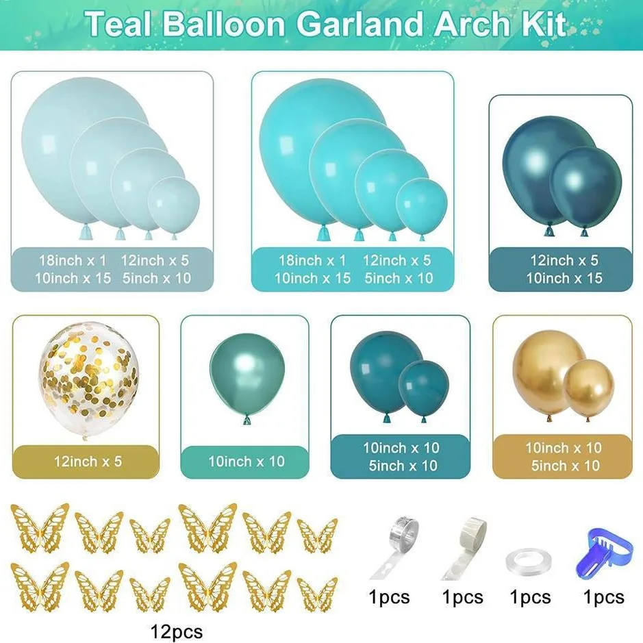 140pcs Teal Blue Balloons Garland Arch Kit 5th Birthday Girl Party Anniversaire Wedding Decoration Marriage Bride