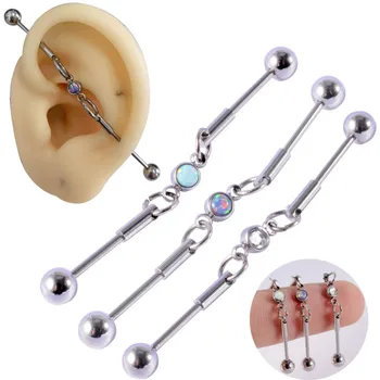 16G Stainless Steel Industrial Barbell Piercing Opal Chain Earring Cartilage Ear Piercing Barbells Movable Jewelry