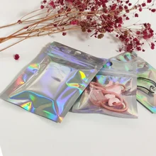 Cheap transparent mylar pouch clear pink holographic rainbow iridescent hologram mylar pouch /transparent zipper bag in stock