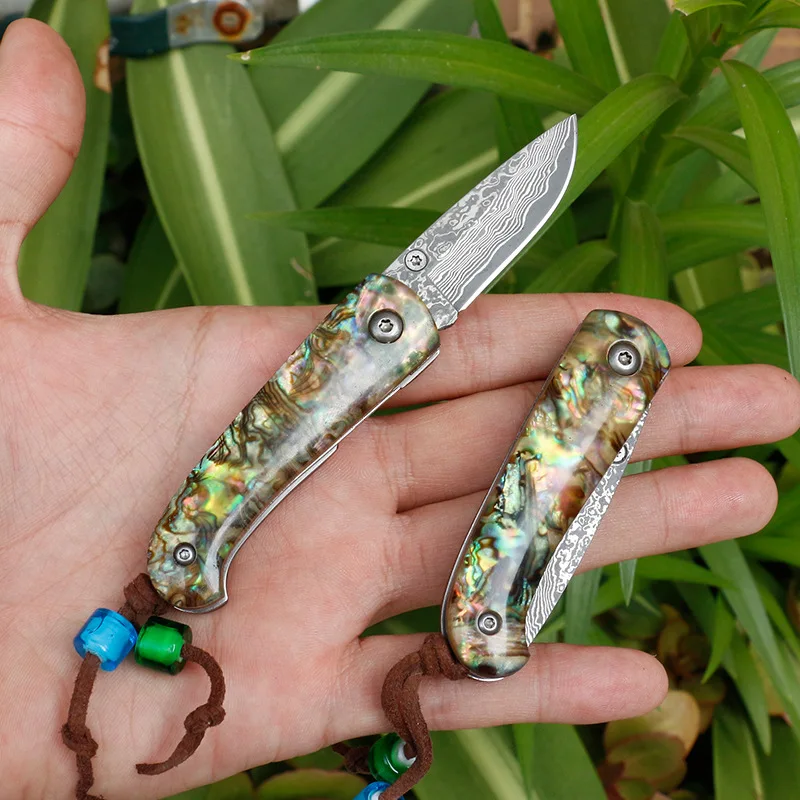Damascus Steel Outdoor Camping Knife Abalone + Steel Sheet Handle Folding Blade Knife 58hrc