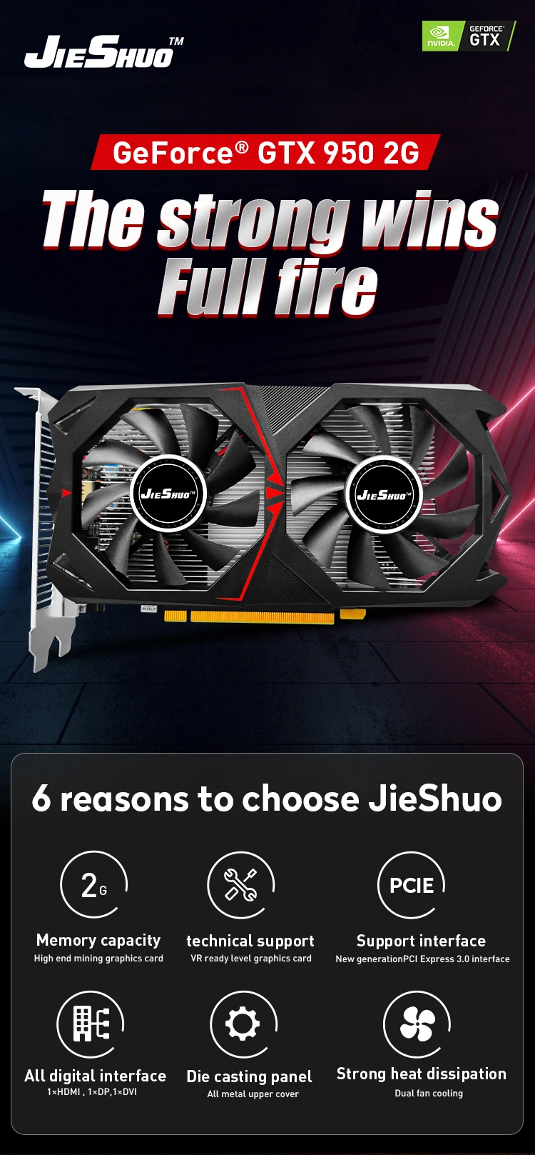 Jieshuo Geforce Gt950 2gb Graphics Card For Office Gaming Desktop Computer New Stock Graphics