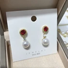 Red Gem Earrings 8mm 3A Round Shape Luxury Dangling Freshwater Red Gem Jewelry Pearl Earrings For Women