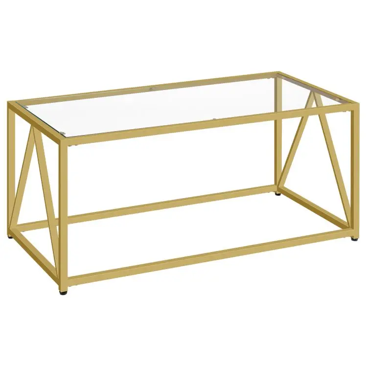 Wholesale Custom Modern Square Gold Glass Coffee Table Glass Top 1 Layer Center Table with Open Storage Shelf for Living Room