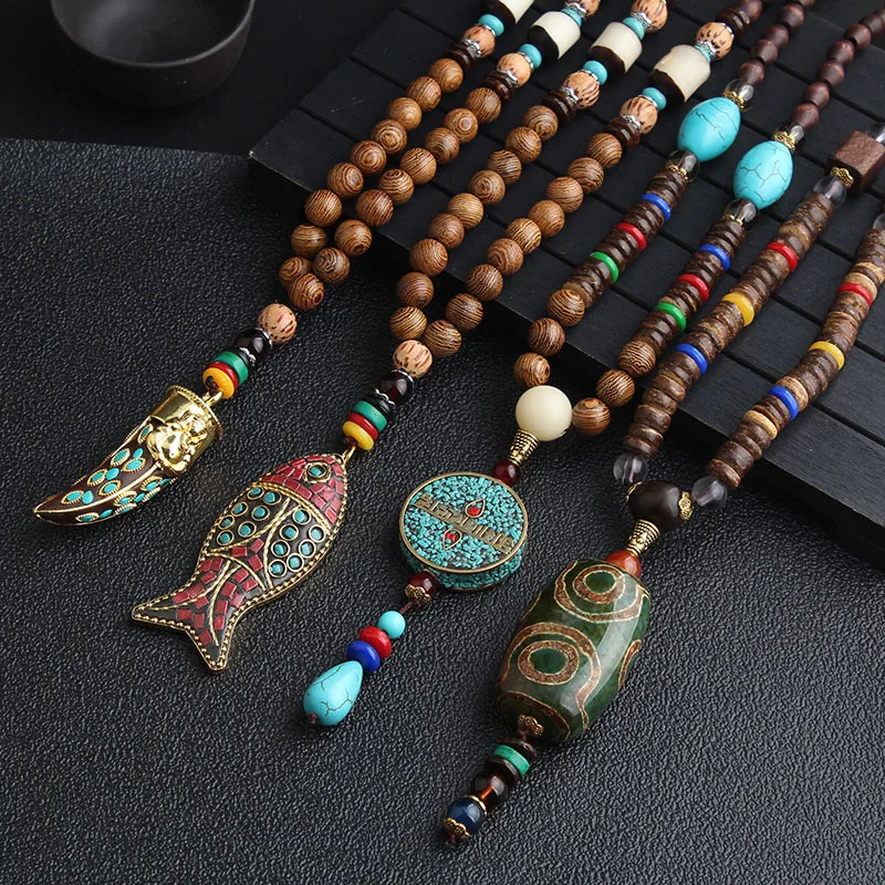 Vintage Long Necklace Handmade Turquoise Wood Beads Necklace for Women Fashion Jewelry 