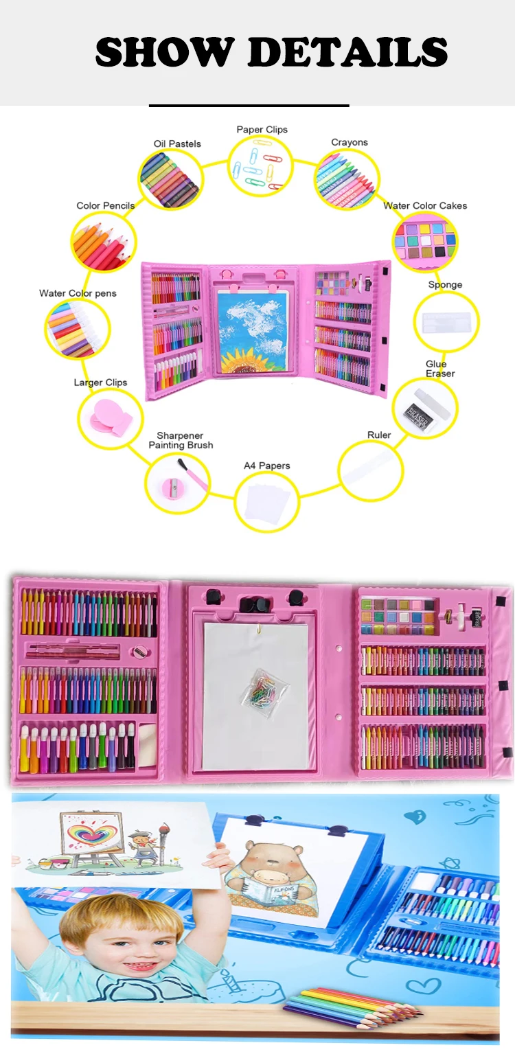 Custom Non-Toxic Plastic Kids Painting Drawing Art Set Coloring Book Stationery Set with Easel for Kids
