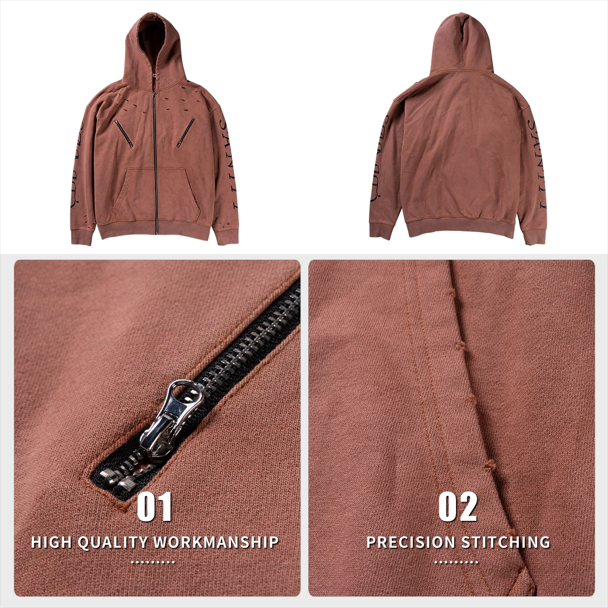 product 400gsm vintage acid wash mens zipper up hoodie oversized heavyweight hoodie manufacturers screen printing and distress design-4