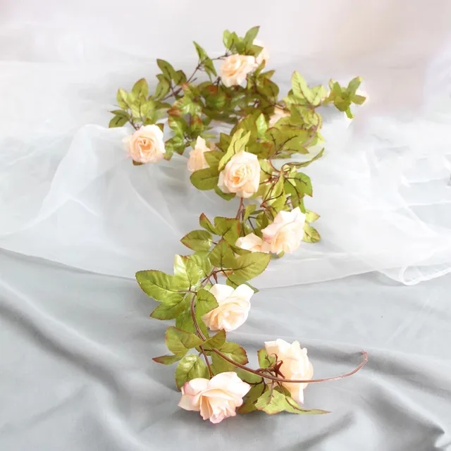 Wholesale Artificial Silk Roses White Peonies Flower Garland Hanging Rose Peony Vine Green Leaves Christmas Halloween