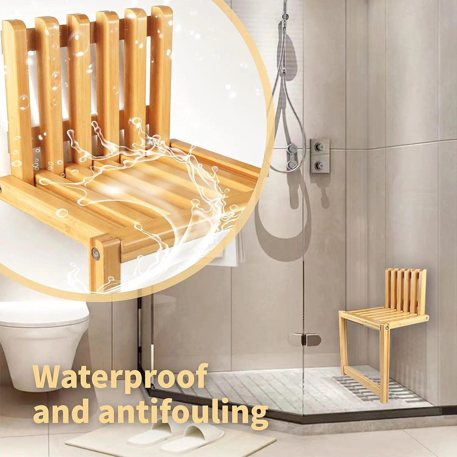 product modern leisure bamboo folding stool wall mounted foldable shower chair shoe changing stool for bathroom living room bedroom-3