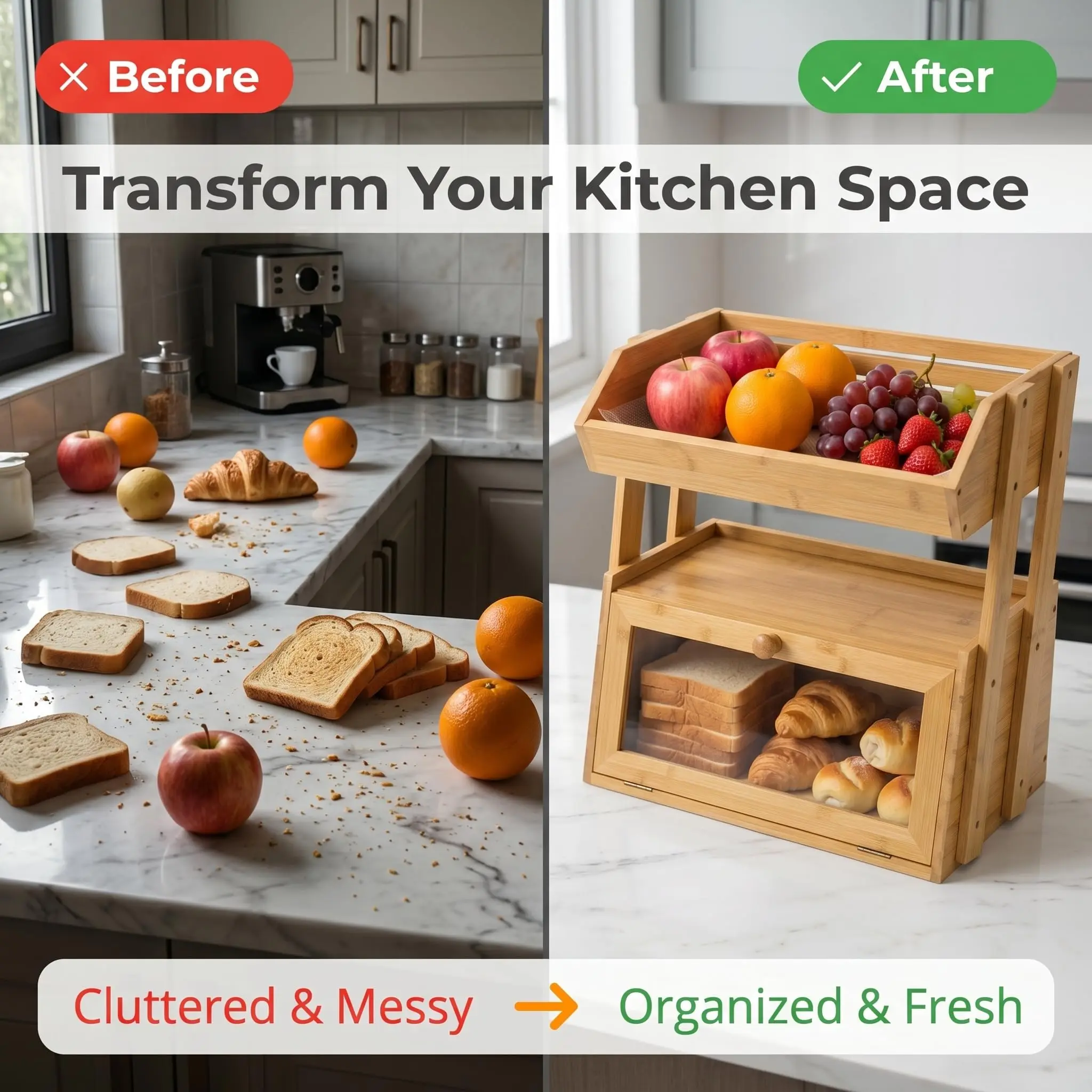 product multifunctional bamboo bread box with fruit basket 2 tier kitchen countertop organizer large capacity spice rack storage shelf-8
