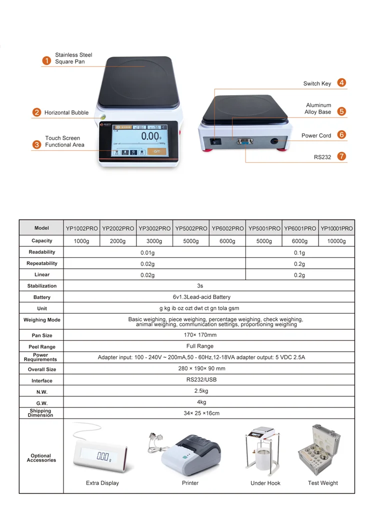 Veidt Weighing YP5002PRO 5000g 5kg 0.01g 10mg Touch Screen High Precision Balance Laboratory Scale Digital Electronic Balance