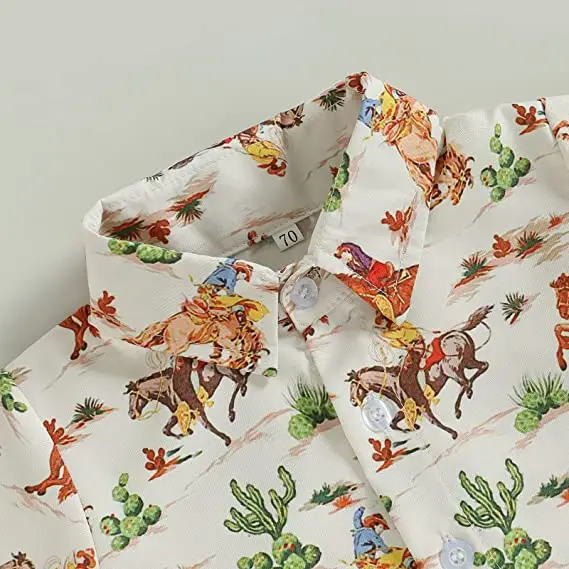High Quality Western  Cow Print Short Sleeve Button Down Lapel Neck Tops Summer T-Shirt Baby Boy Shirts