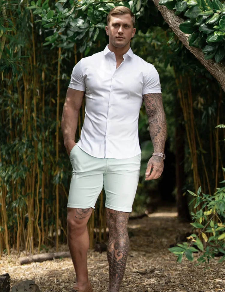 Muscular Men Stretch Shirt Stand Collar Short Sleeve Breathable Sports Cardigan Fitness Clothes