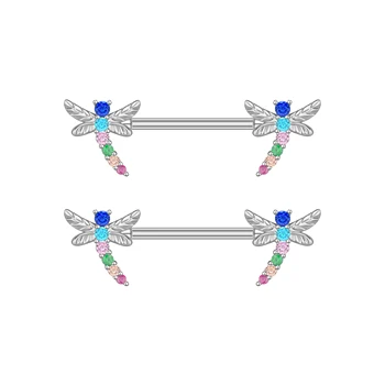 5Pair/Set Color Zircon Dragonfly Nipple Rings Stainless Steel Industrial Barbell Personalized Body Piercing Jewelry Wholesale