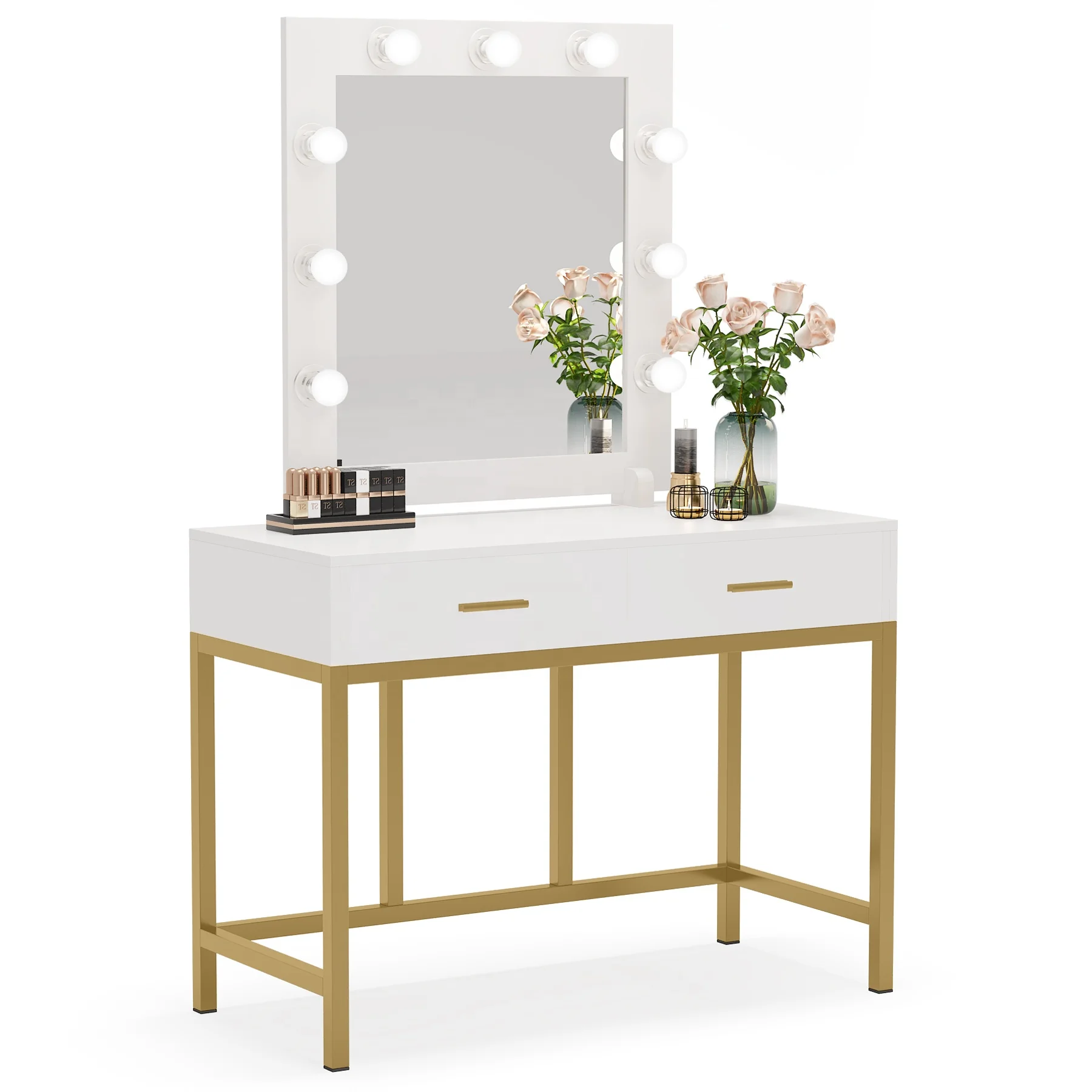 Tribesigns Hot Selling Bedroom Furniture Mirror Dressing Table with 9 Lights and 2 Drawers Makeup Vanity