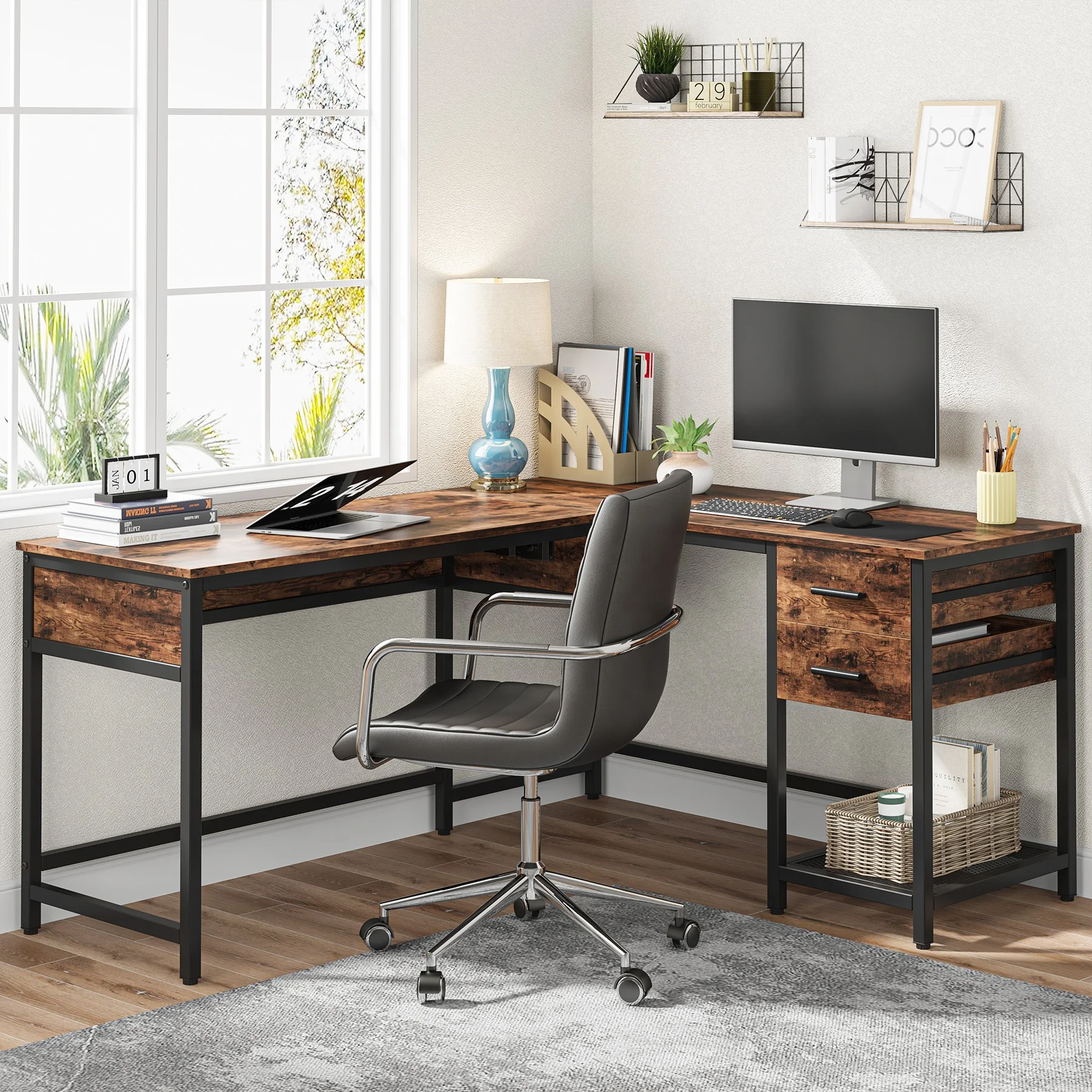 Tribesigns 59 Inch L Shaped Lift Top Table with 2 Drawers Height Adjustable Corner Computer Desk for Home Office