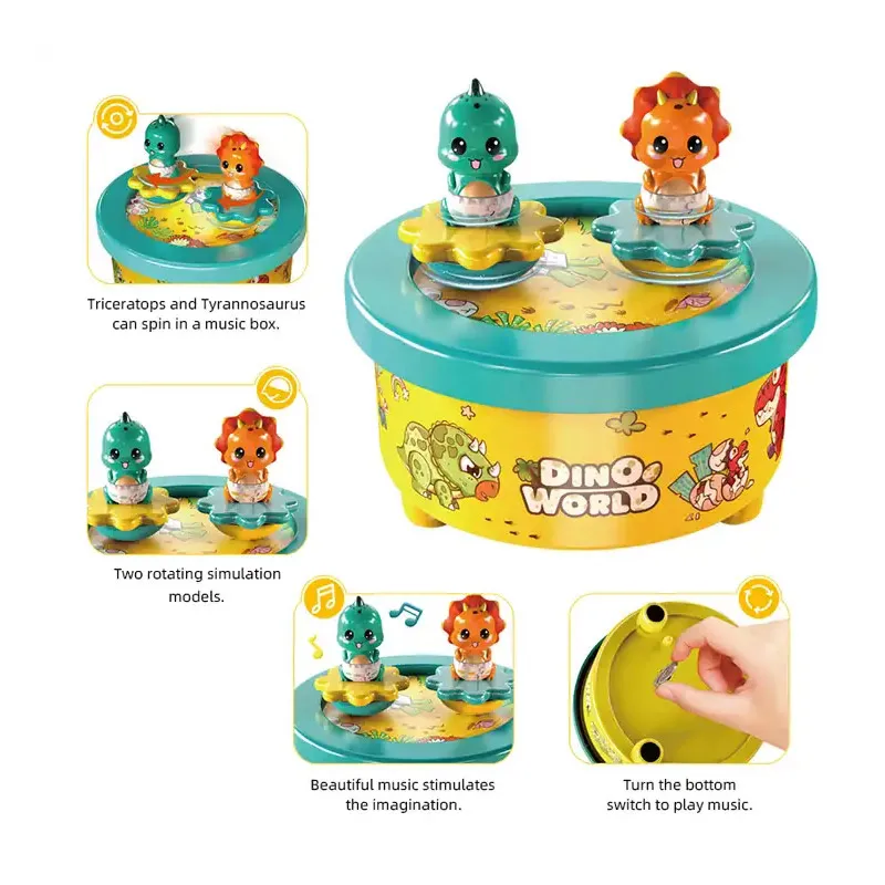 EPT Hot Selling High Quality Kids Plastic Rotating Dinosaur Music Box Battery Wind-up Music Box Musical Toys