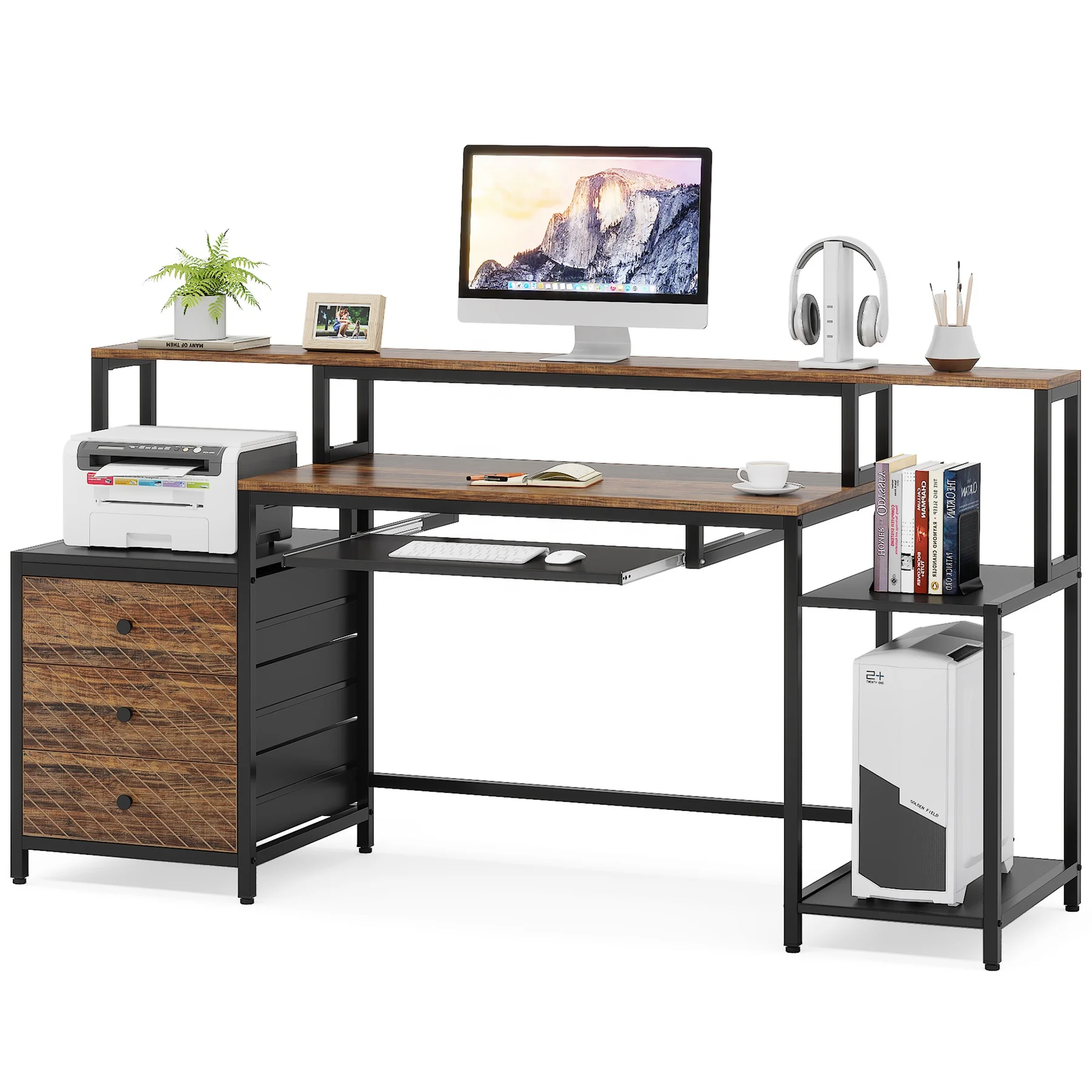 Tribesigns Industrial Reversible Long PC Gaming Desk with Keyboard Tray Study Writing Table Workstation Computer Office Desk