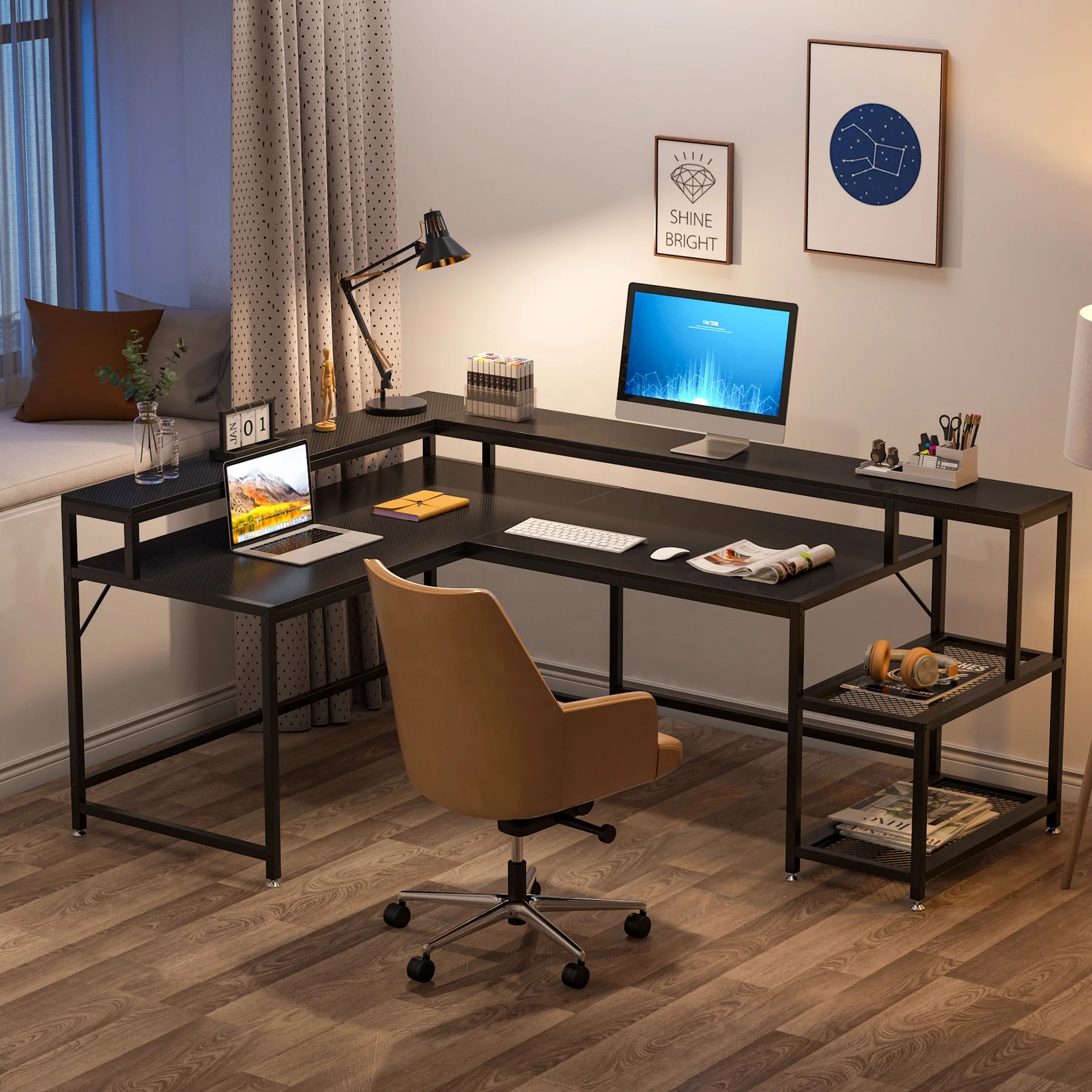 Multi purpose wood L Shape Long Reversible Corner computer desk home office executive desk with flat shelves