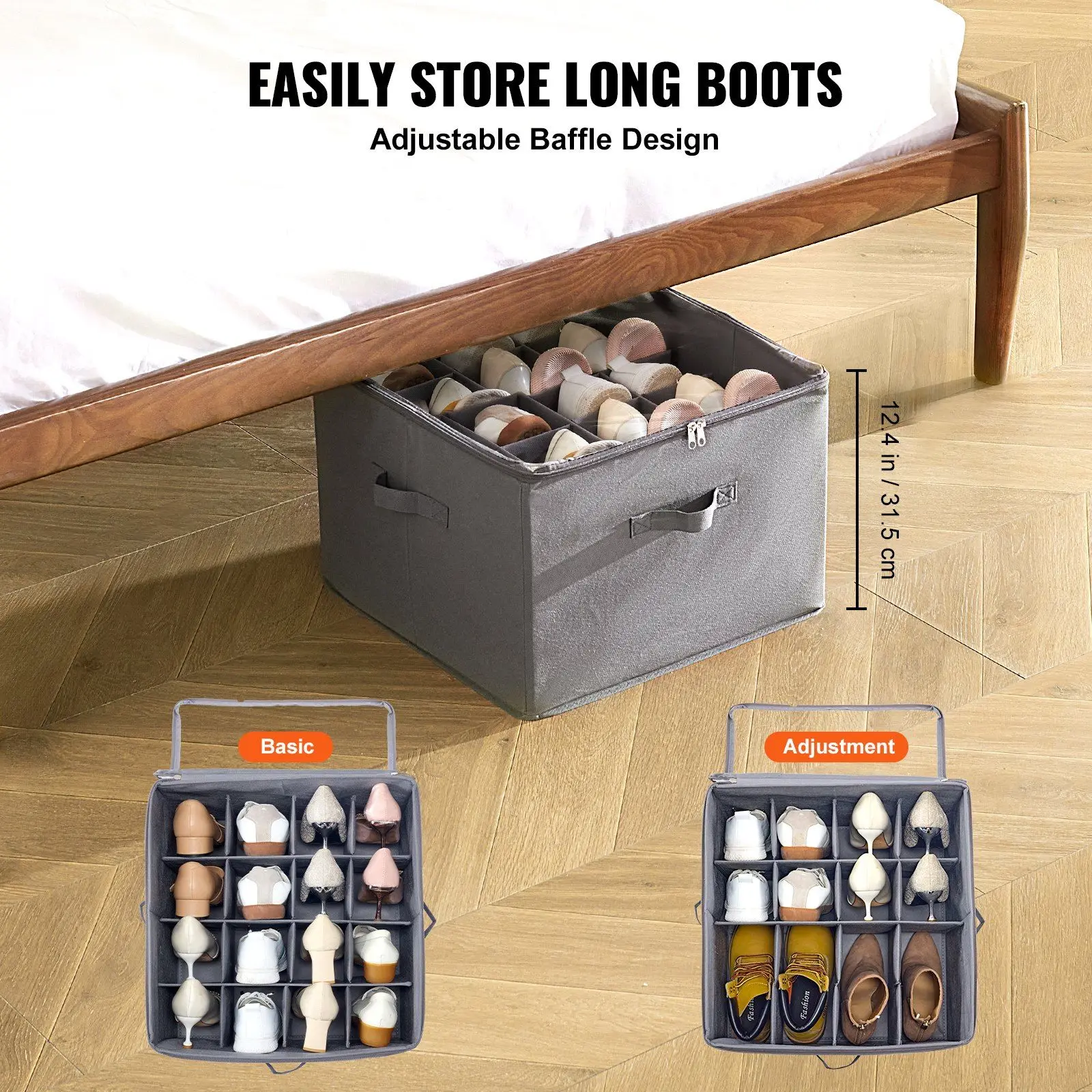 Shoe Organizer 16 Compartments Adjustable Dividers Grey Fabric Storage Box For Bedroom L17 X W17 X H12.4