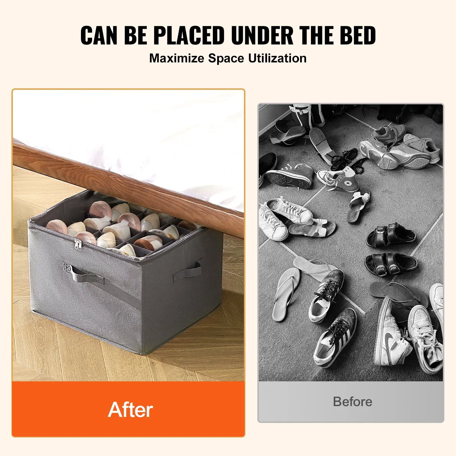 Shoe Organizer 16 Compartments Adjustable Dividers Grey Fabric Storage Box For Bedroom L17 X W17 X H12.4