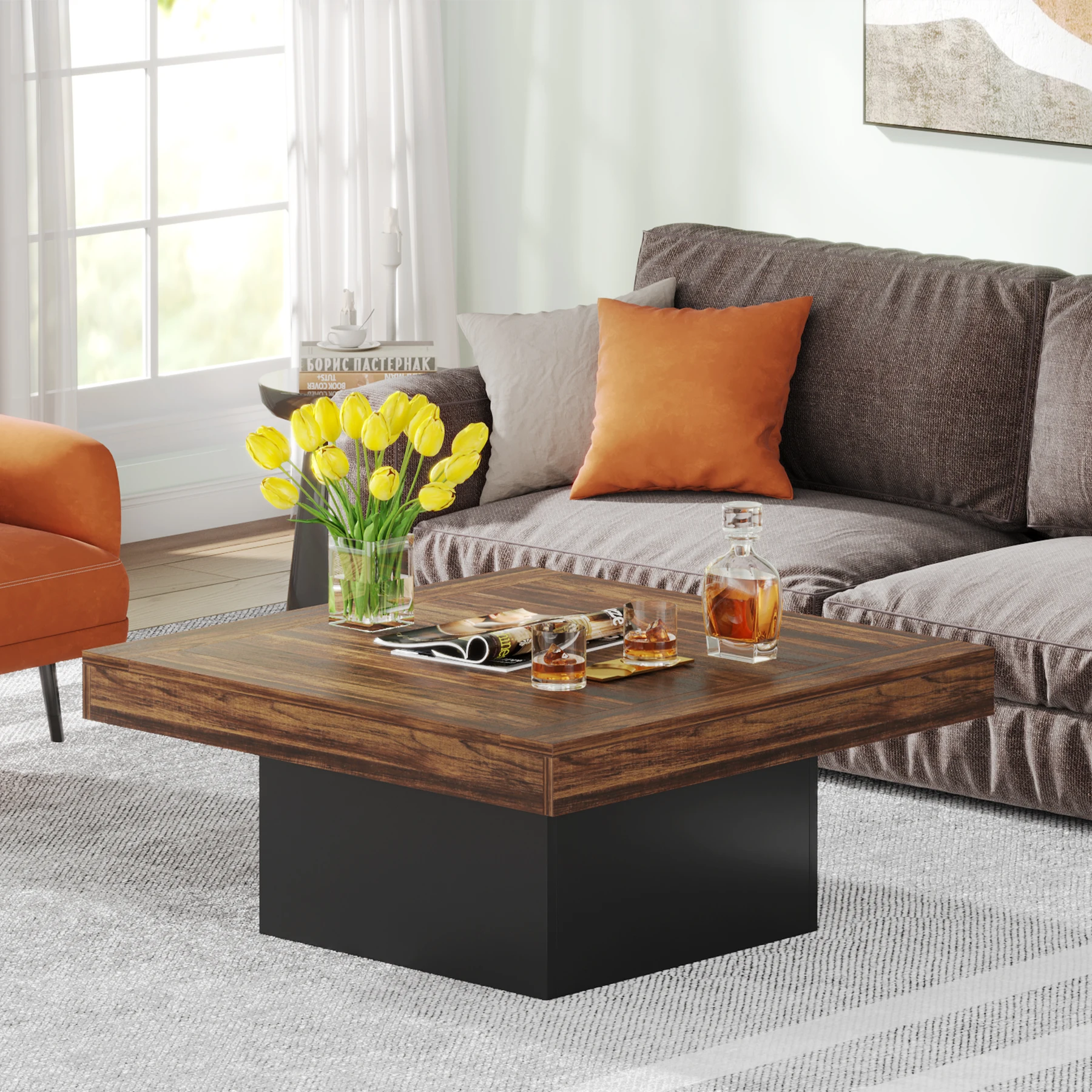 Tribesigns Square Coffee Table Modern LED Coffee Center Table Wood for Living Room
