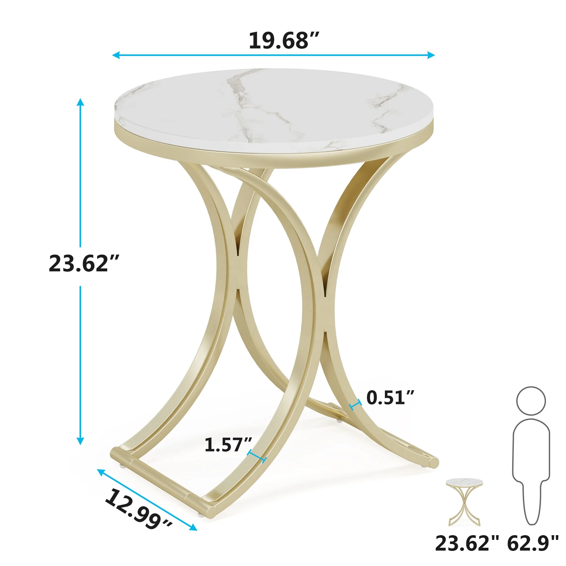 Tribesigns Coffee Accent Bedside Table Wooden White Gold Metal Modern Round End table