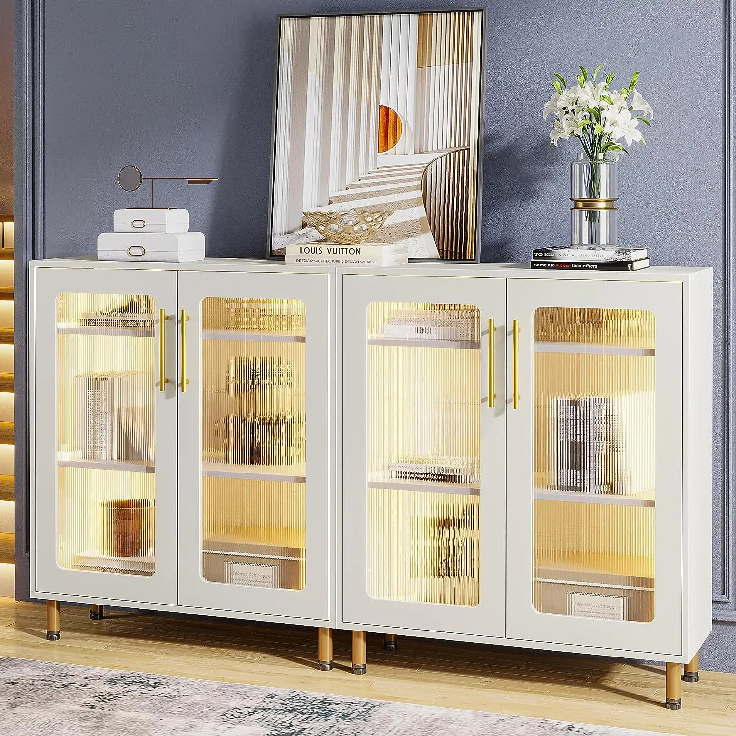 Tribesigns New Arrival White Buffet Cabinet with Acrylic Doors and LED Light Modern Coffee Bar Cabinet